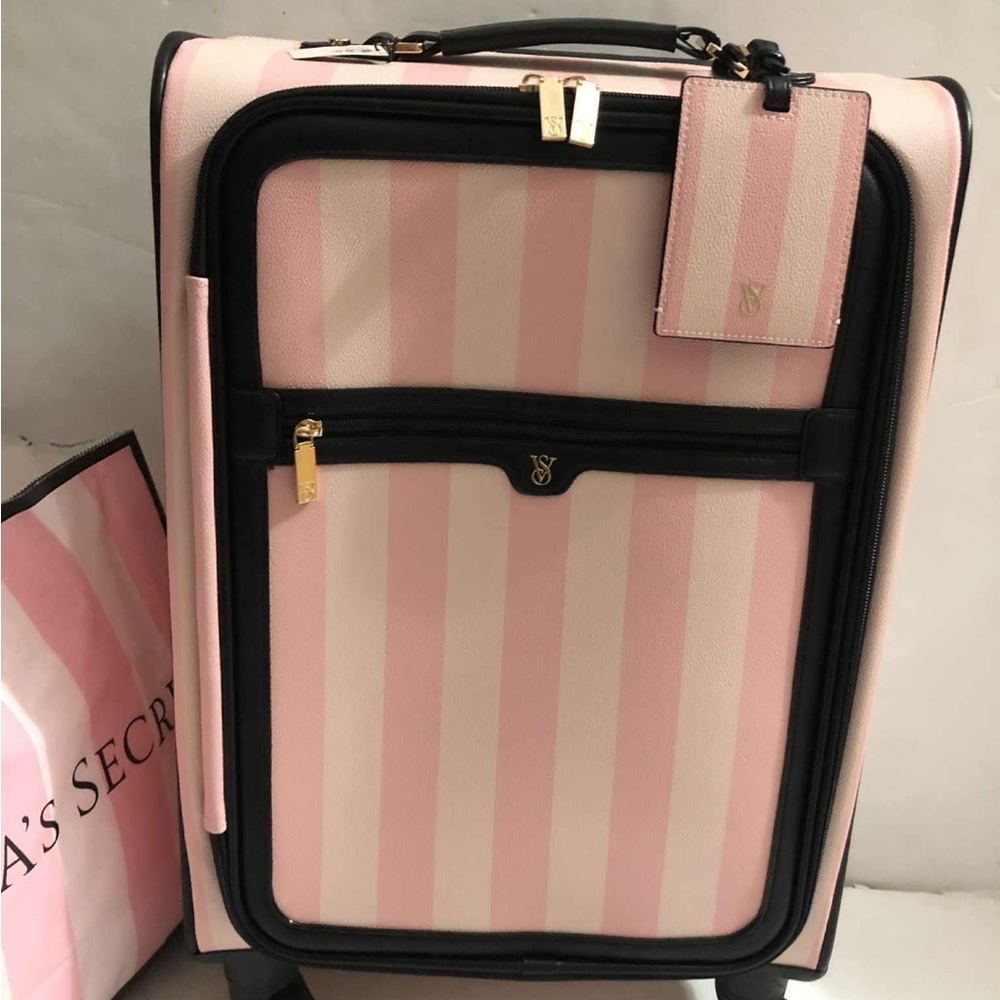 Victoria's Secret Pink and White Striped Wheelie luggage suitcase NWT